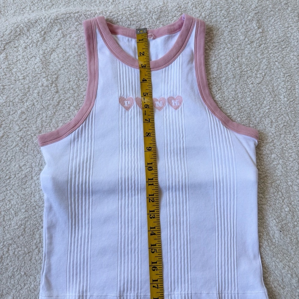Victoria’s Secret PINK White Ribbed Tank Top with Pink Trim and Heart Embroidery - Picture 6 of 6